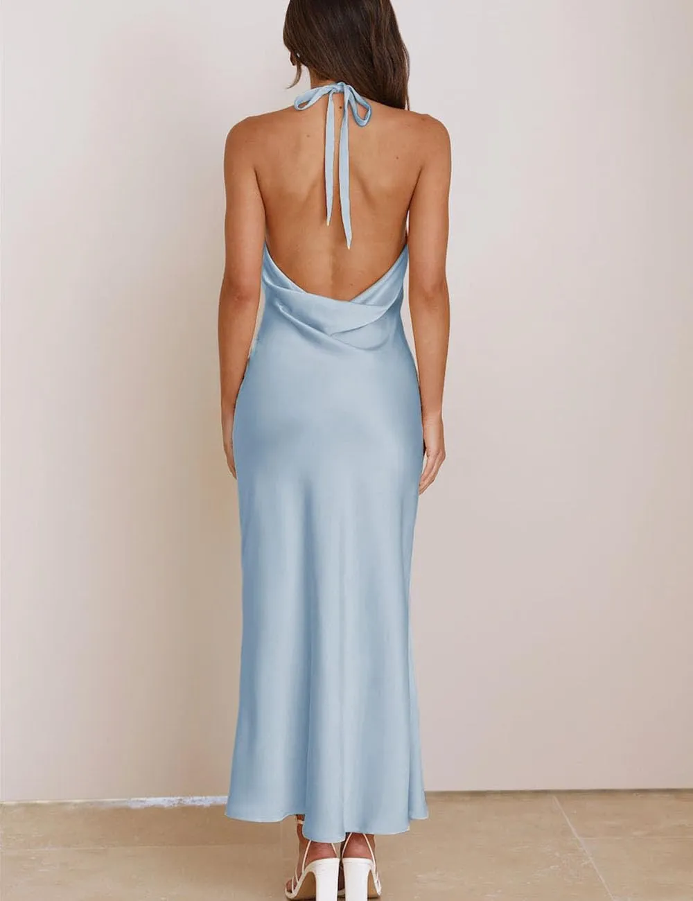 2025 Summer Satin Halter Neck Backless Slit Midi Dresses Elegant Cowl Back Ruched Wedding Guest Maxi Dress for Women