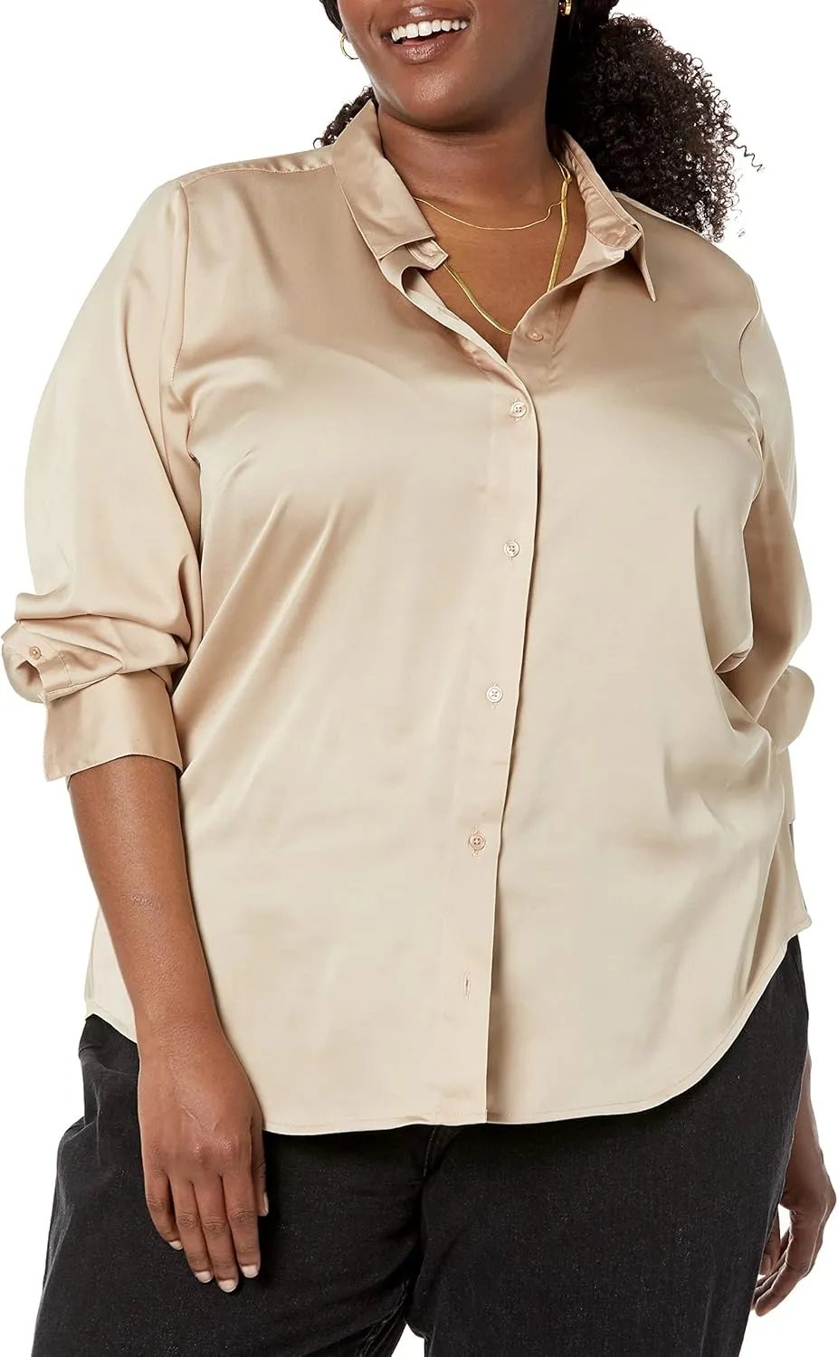Amazon Essentials Women's Classic-Fit Satin Button Down Blouse (Available in Plus Size)