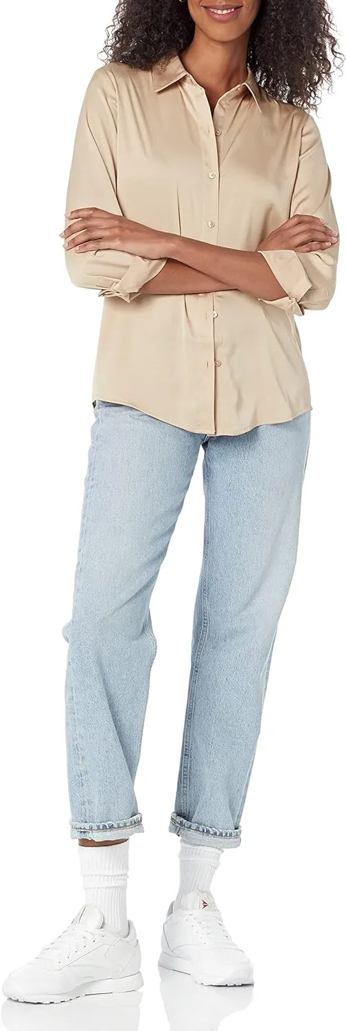Amazon Essentials Women's Classic-Fit Satin Button Down Blouse (Available in Plus Size)