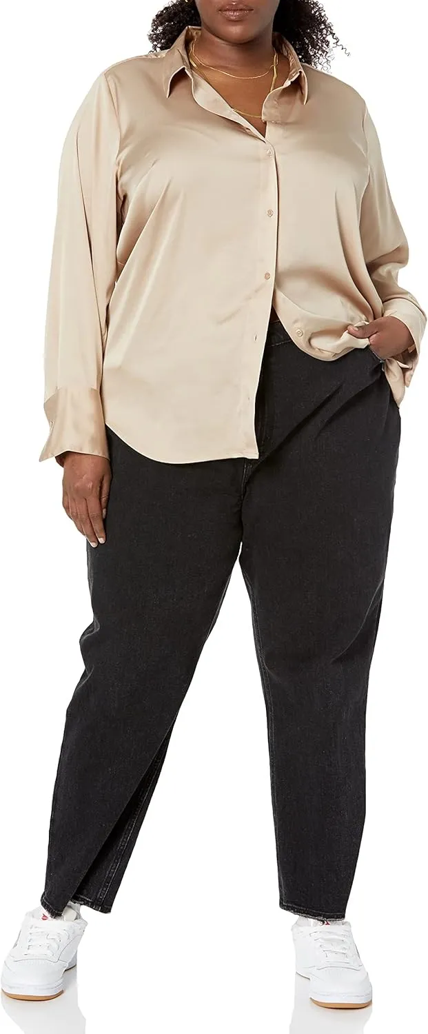 Amazon Essentials Women's Classic-Fit Satin Button Down Blouse (Available in Plus Size)