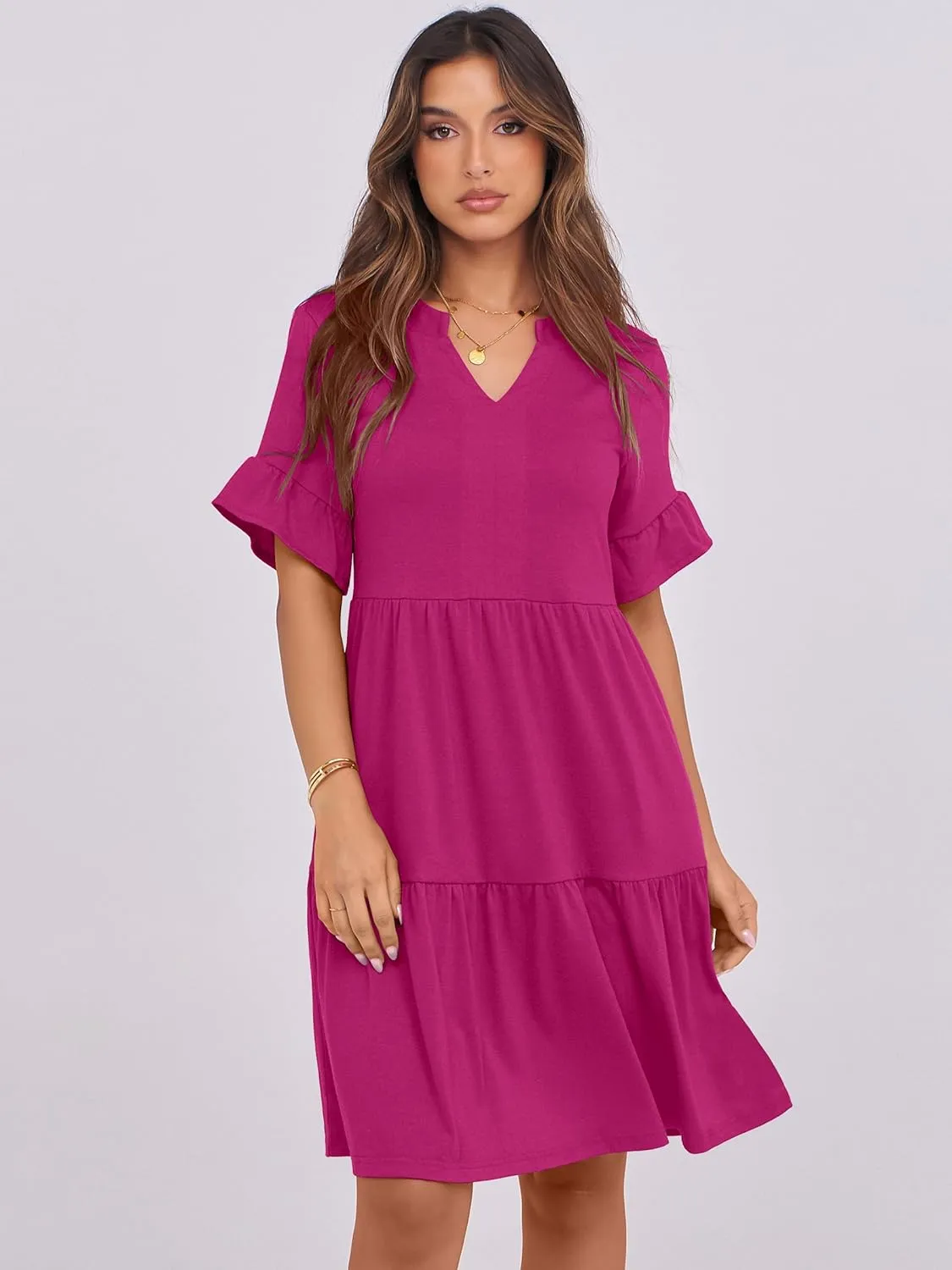 ANRABESS Womens Summer 2025 Trendy Ruffle Short Sleeve V Neck A Line Tiered Flowy Loose Casual Mini Beach Dress with Pockets