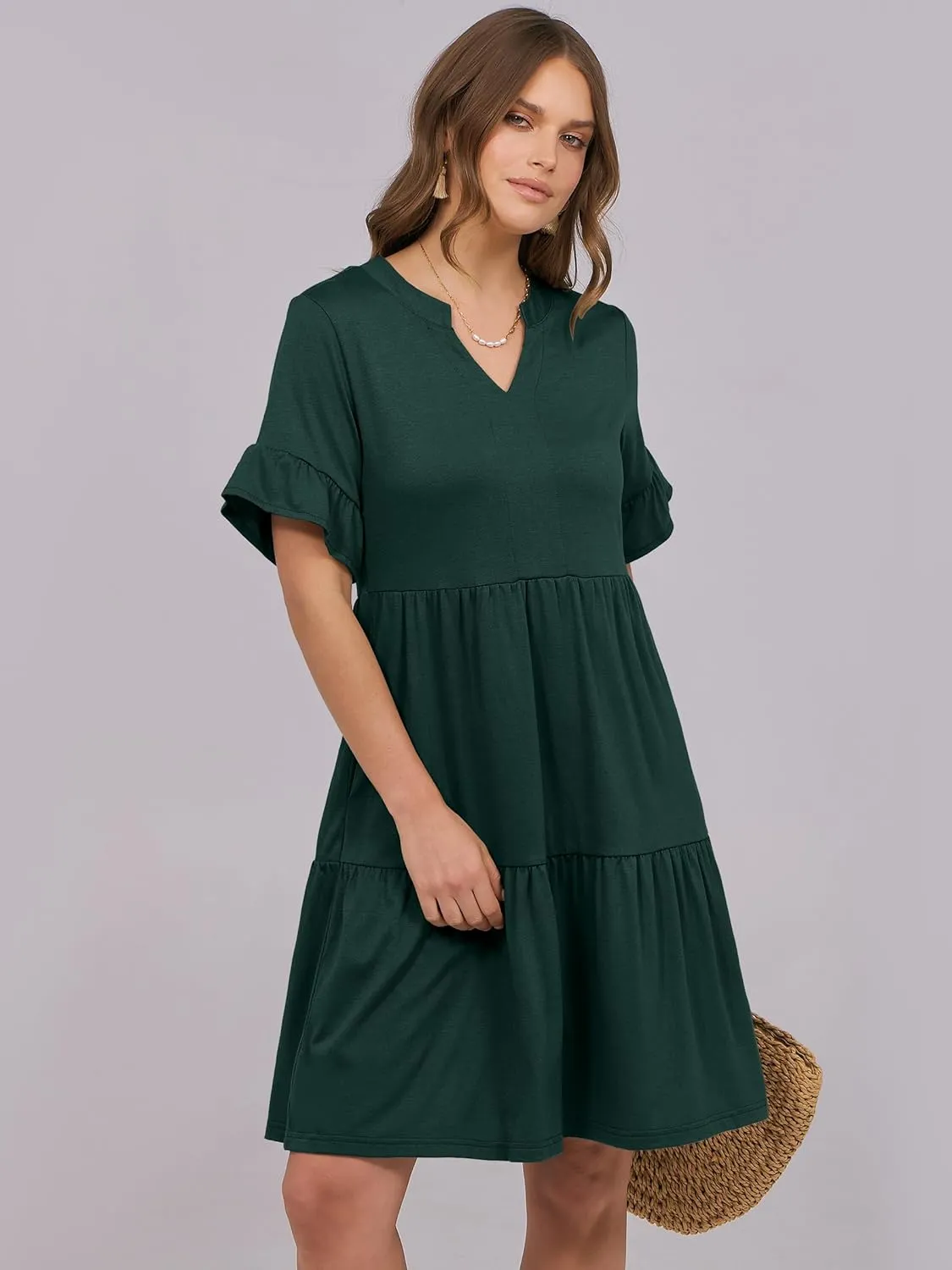 ANRABESS Womens Summer 2025 Trendy Ruffle Short Sleeve V Neck A Line Tiered Flowy Loose Casual Mini Beach Dress with Pockets