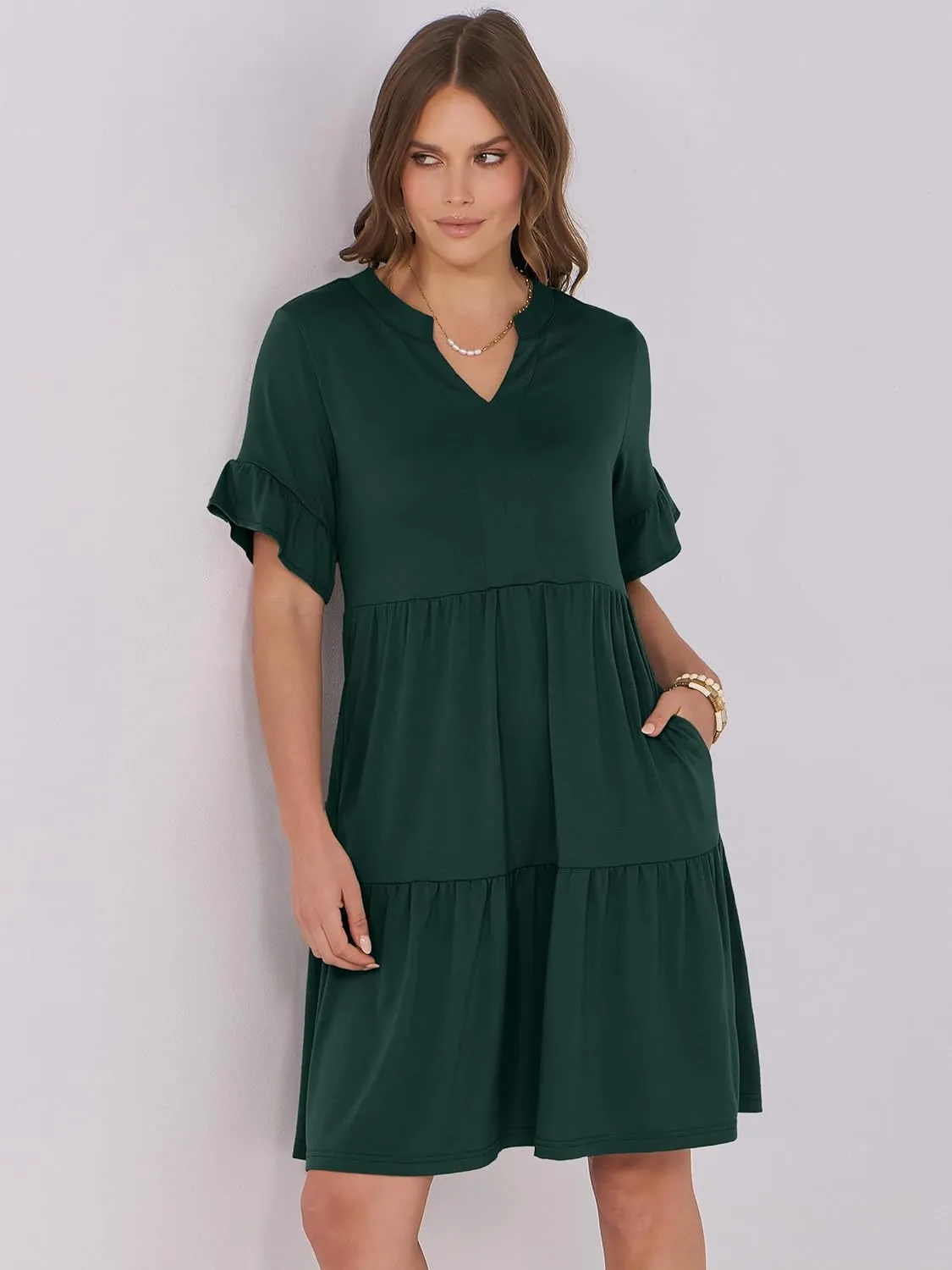 ANRABESS Womens Summer 2025 Trendy Ruffle Short Sleeve V Neck A Line Tiered Flowy Loose Casual Mini Beach Dress with Pockets