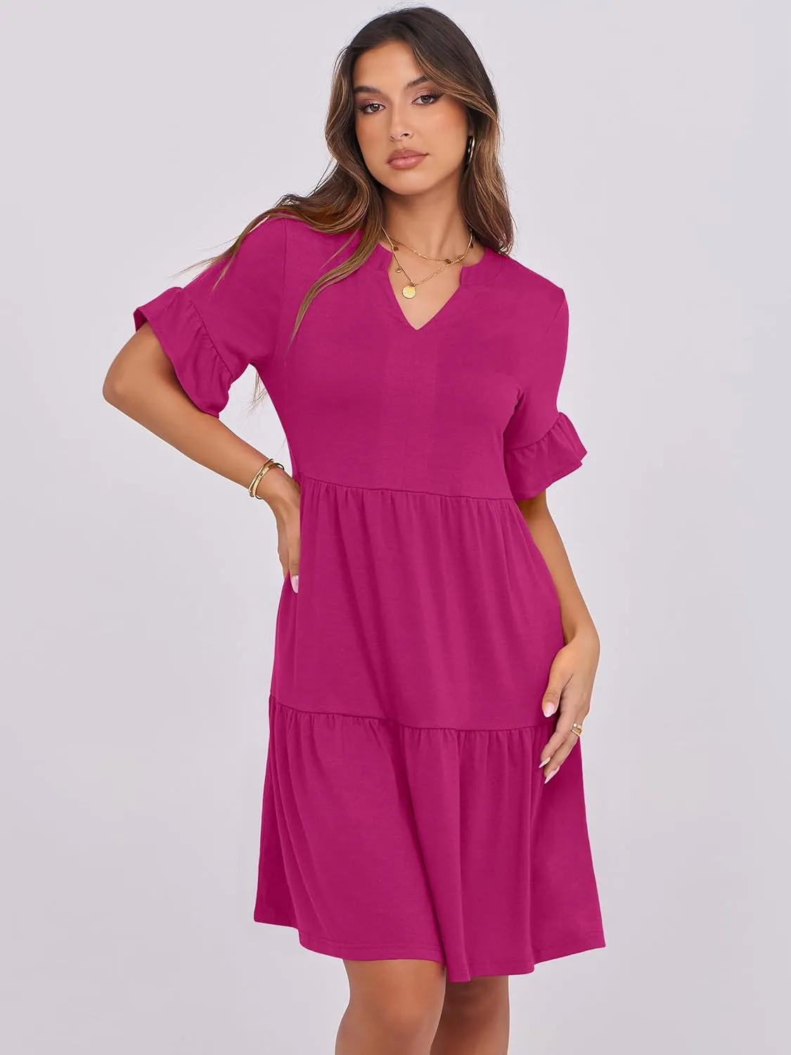 ANRABESS Womens Summer 2025 Trendy Ruffle Short Sleeve V Neck A Line Tiered Flowy Loose Casual Mini Beach Dress with Pockets
