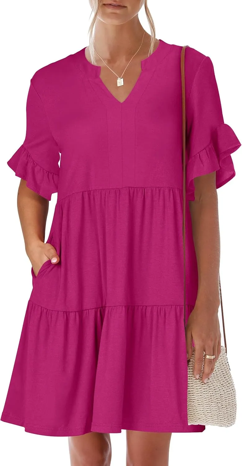 ANRABESS Womens Summer 2025 Trendy Ruffle Short Sleeve V Neck A Line Tiered Flowy Loose Casual Mini Beach Dress with Pockets