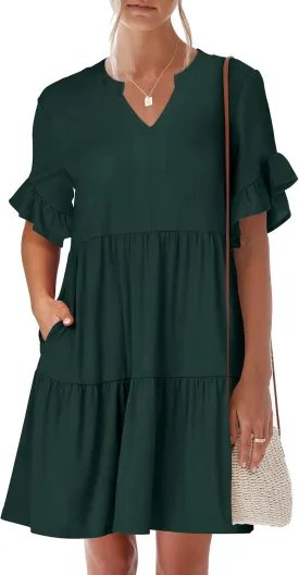 ANRABESS Womens Summer 2025 Trendy Ruffle Short Sleeve V Neck A Line Tiered Flowy Loose Casual Mini Beach Dress with Pockets