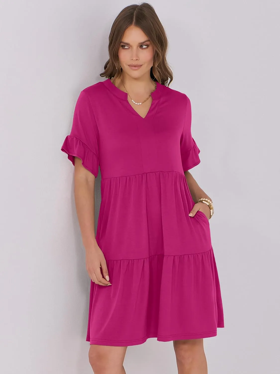 ANRABESS Womens Summer 2025 Trendy Ruffle Short Sleeve V Neck A Line Tiered Flowy Loose Casual Mini Beach Dress with Pockets