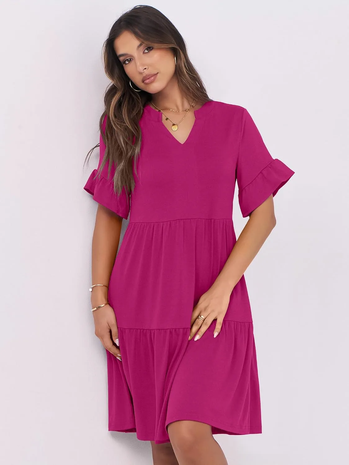 ANRABESS Womens Summer 2025 Trendy Ruffle Short Sleeve V Neck A Line Tiered Flowy Loose Casual Mini Beach Dress with Pockets