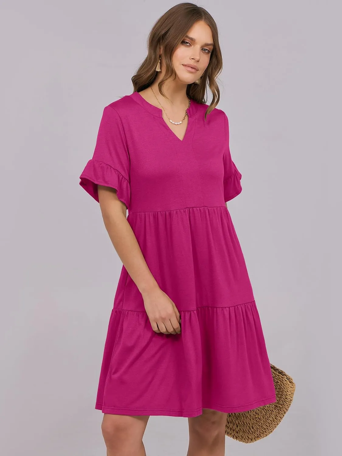 ANRABESS Womens Summer 2025 Trendy Ruffle Short Sleeve V Neck A Line Tiered Flowy Loose Casual Mini Beach Dress with Pockets