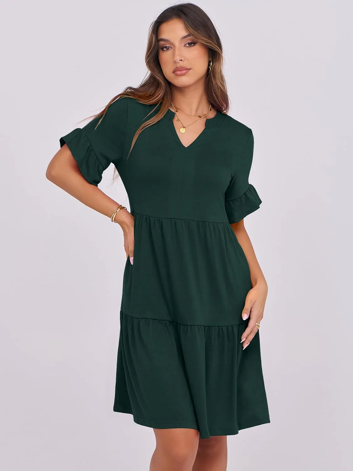 ANRABESS Womens Summer 2025 Trendy Ruffle Short Sleeve V Neck A Line Tiered Flowy Loose Casual Mini Beach Dress with Pockets