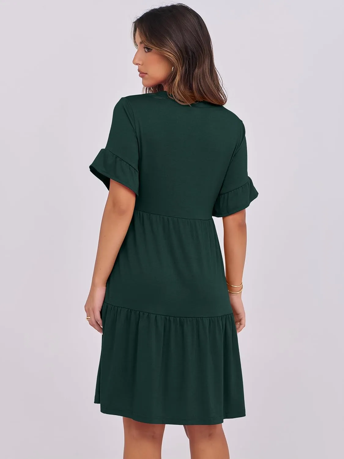 ANRABESS Womens Summer 2025 Trendy Ruffle Short Sleeve V Neck A Line Tiered Flowy Loose Casual Mini Beach Dress with Pockets