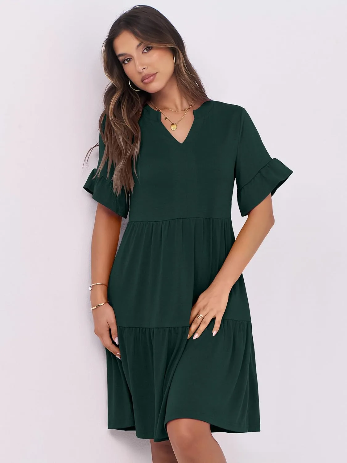 ANRABESS Womens Summer 2025 Trendy Ruffle Short Sleeve V Neck A Line Tiered Flowy Loose Casual Mini Beach Dress with Pockets