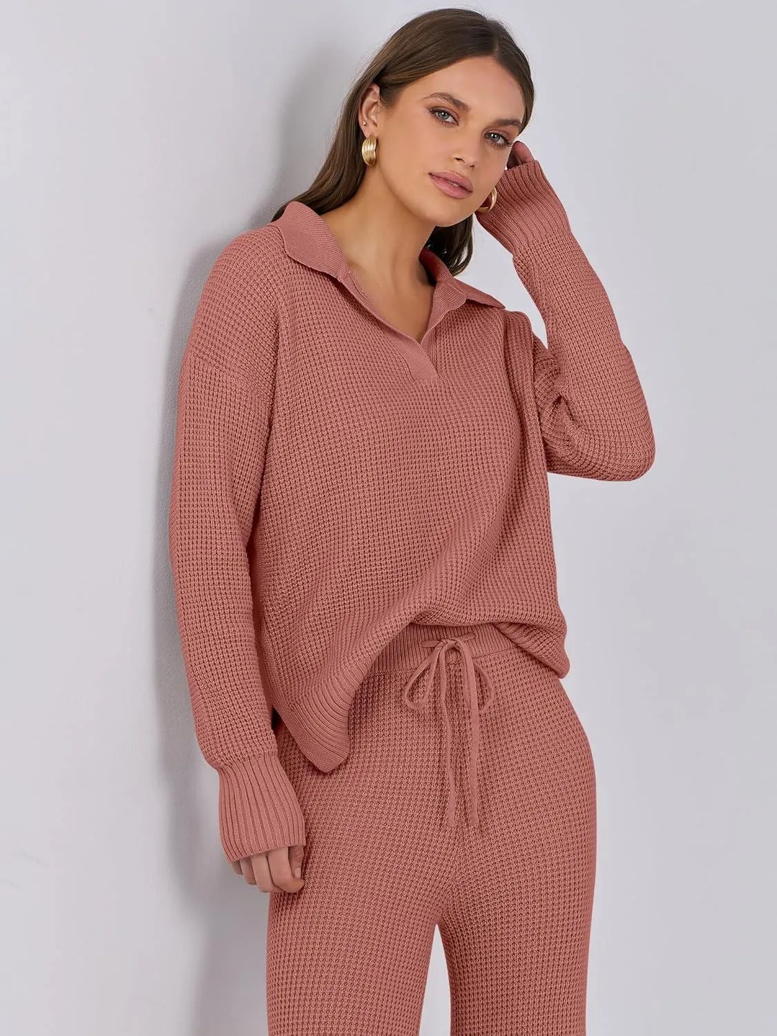 ANRABESS Womens Two Piece Outfits Sweater Sets Waffle Knit Pullover Wide Leg Pants Tracksuit Sweatsuits Matching Lounge Set