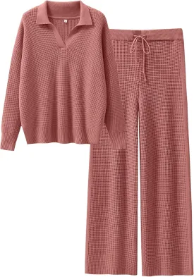 ANRABESS Womens Two Piece Outfits Sweater Sets Waffle Knit Pullover Wide Leg Pants Tracksuit Sweatsuits Matching Lounge Set