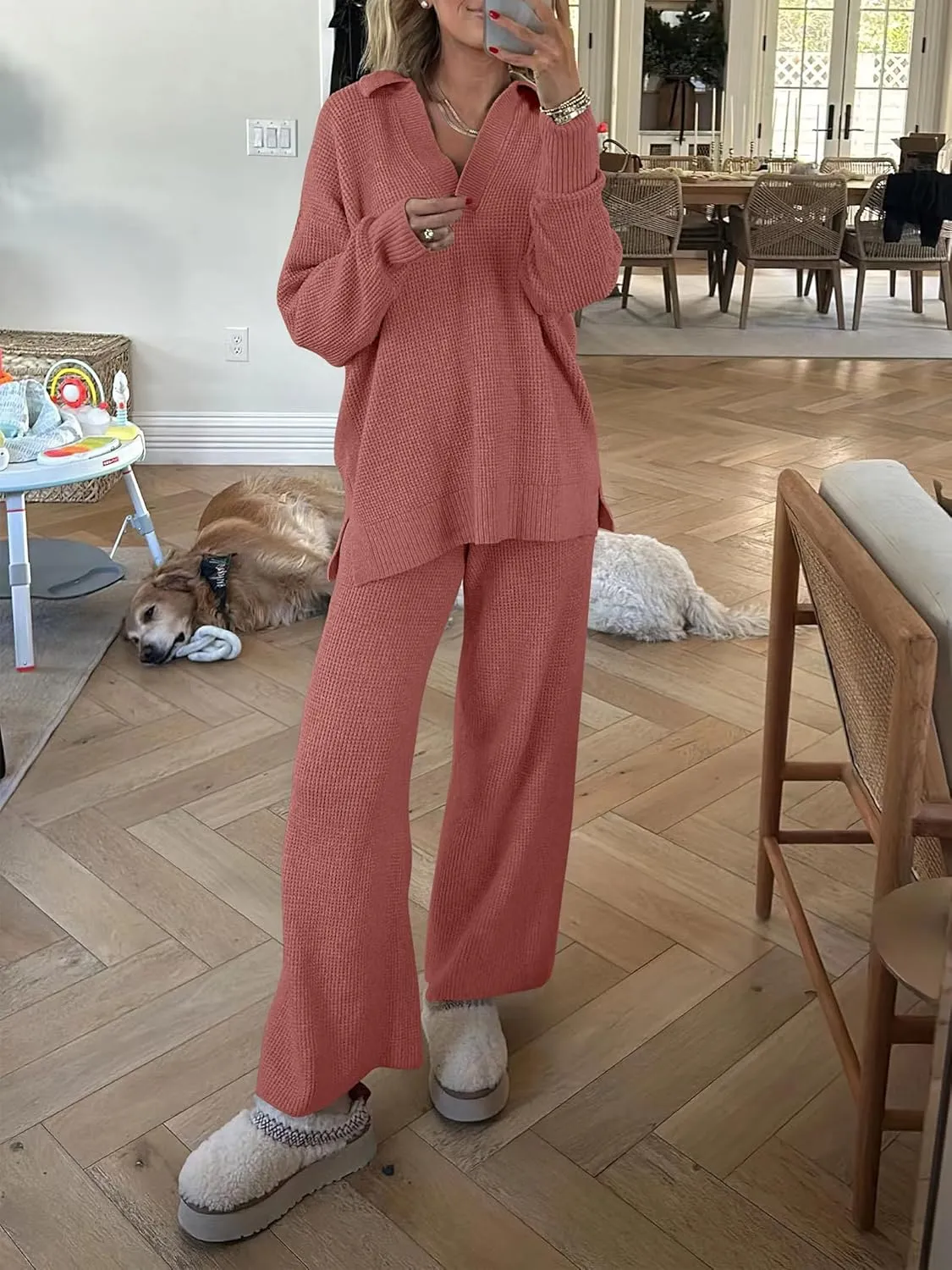 ANRABESS Womens Two Piece Outfits Sweater Sets Waffle Knit Pullover Wide Leg Pants Tracksuit Sweatsuits Matching Lounge Set