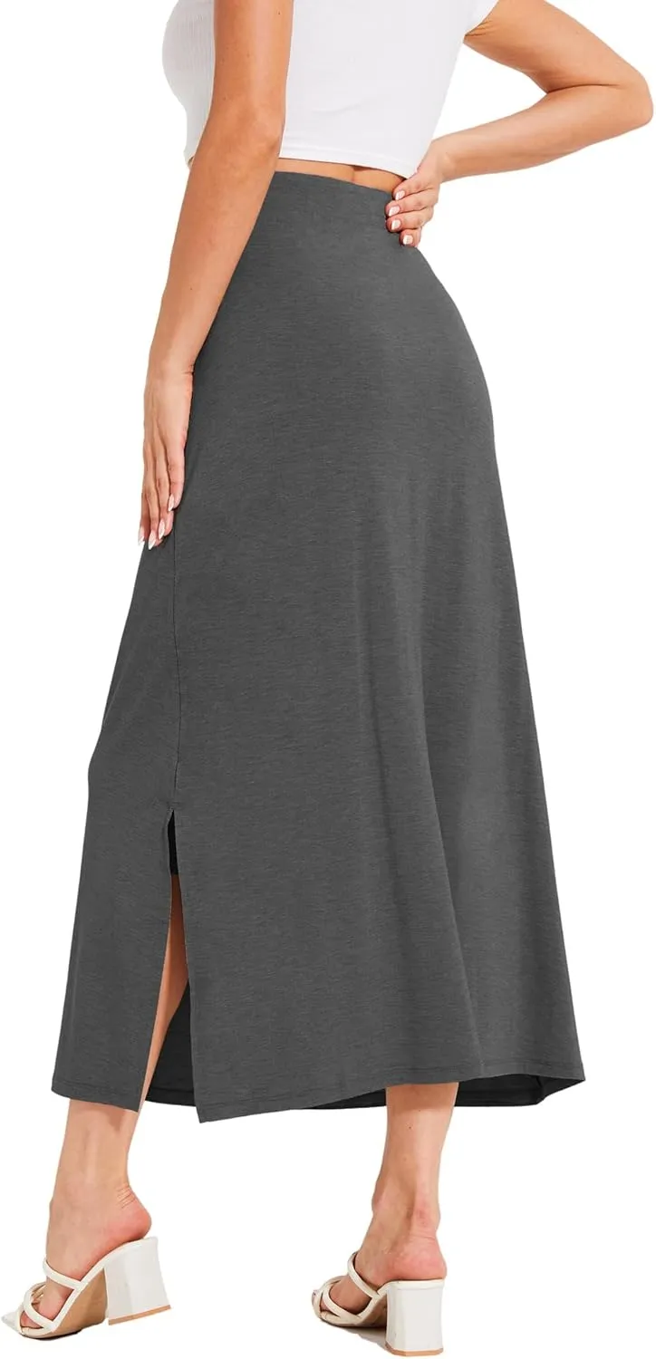 Bamboo Viscose Skirts for Women Midi Length Flowy High Waisted Summer Knit Long Skirts with Slit