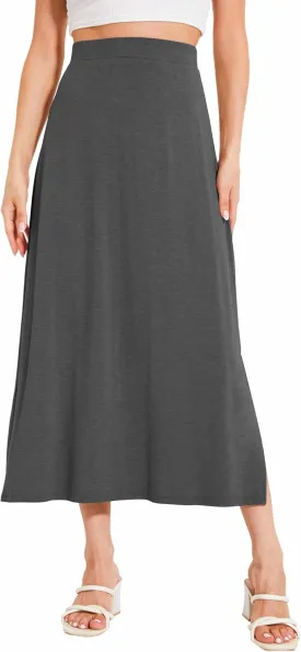 Bamboo Viscose Skirts for Women Midi Length Flowy High Waisted Summer Knit Long Skirts with Slit
