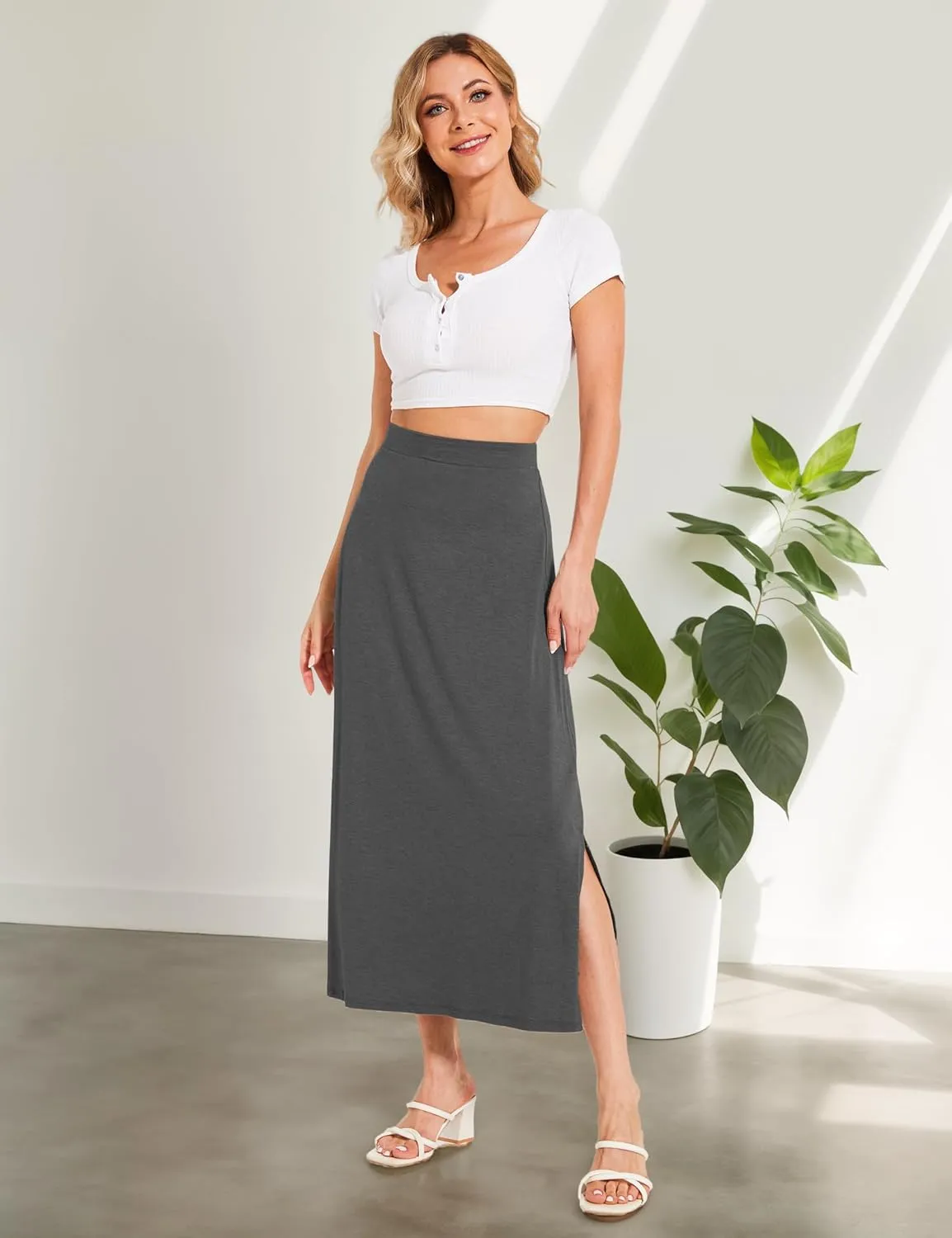 Bamboo Viscose Skirts for Women Midi Length Flowy High Waisted Summer Knit Long Skirts with Slit