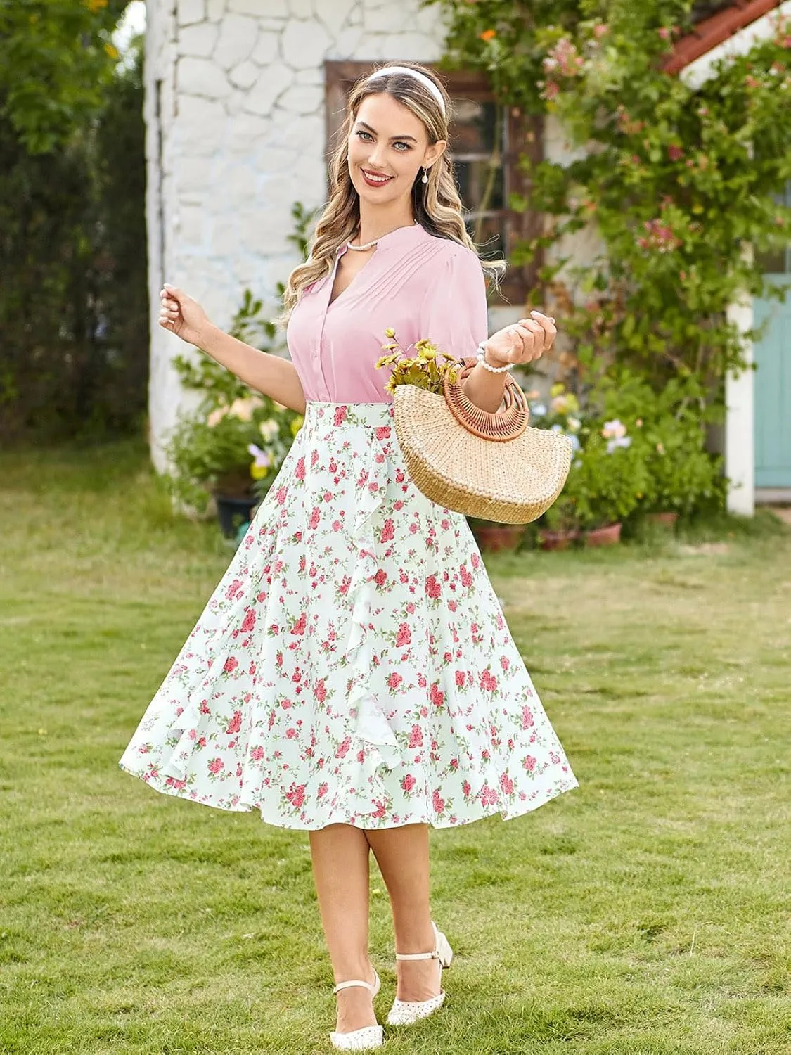 Belle Poque Women's Floral Skirts with Pockets Flowy High Waisted A Line Ruffle Skirt Midi Length for Spring Summer 2025