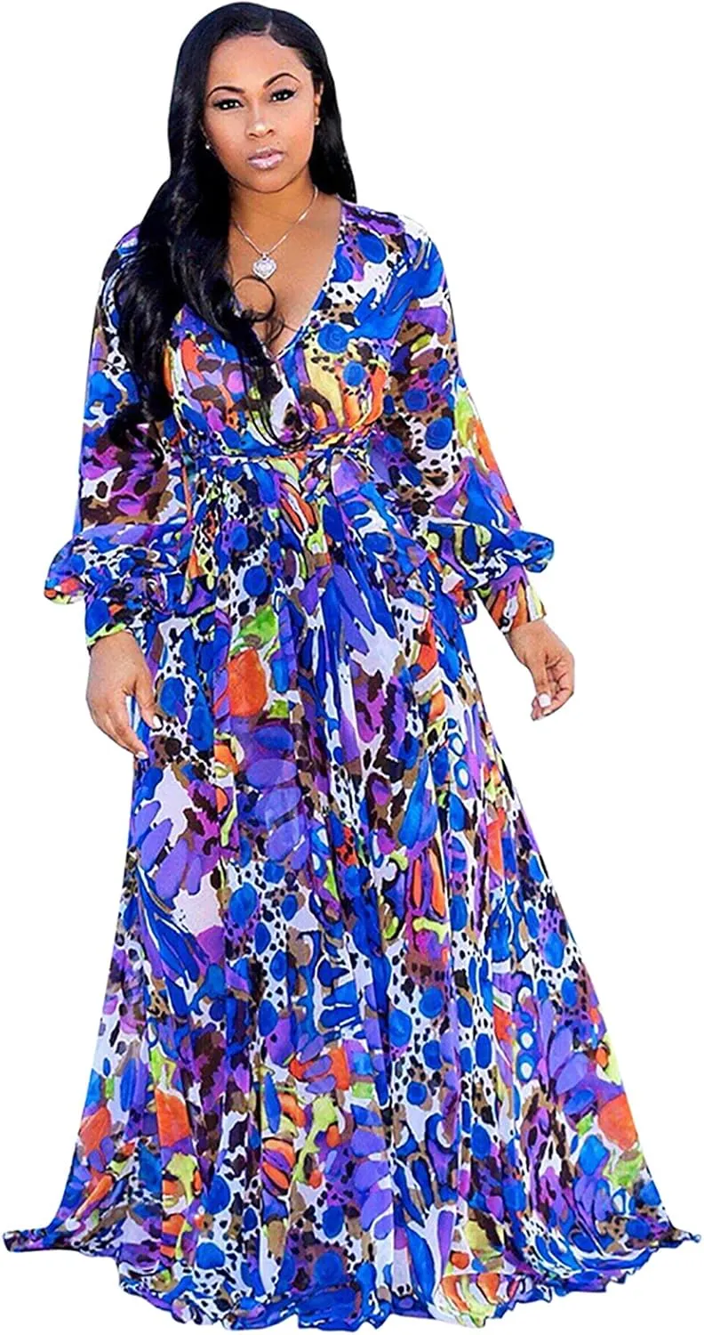 BOGURST Plus Size Maxi Dress for Women Chiffon Deep V-Neck Printed Loose Summer Beach Dresses