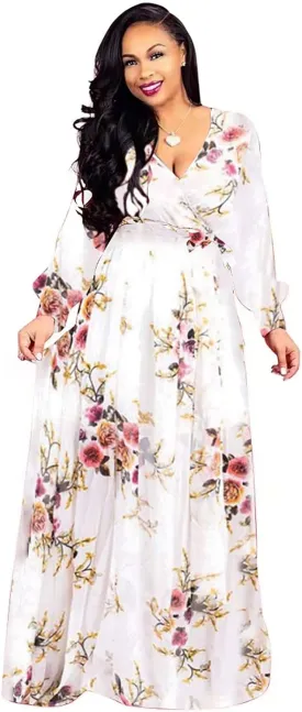 BOGURST Plus Size Maxi Dress for Women Chiffon Deep V-Neck Printed Loose Summer Beach Dresses