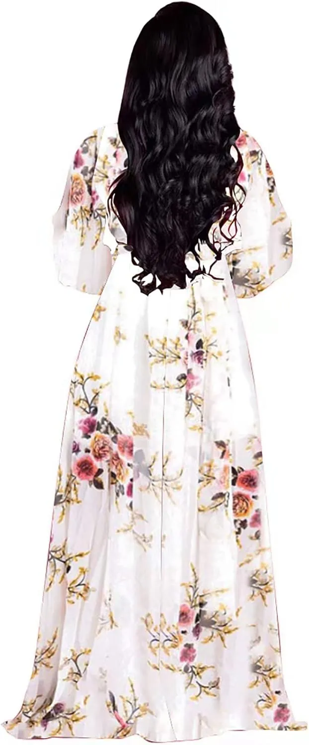 BOGURST Plus Size Maxi Dress for Women Chiffon Deep V-Neck Printed Loose Summer Beach Dresses
