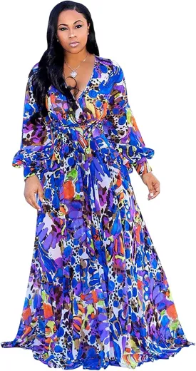 BOGURST Plus Size Maxi Dress for Women Chiffon Deep V-Neck Printed Loose Summer Beach Dresses