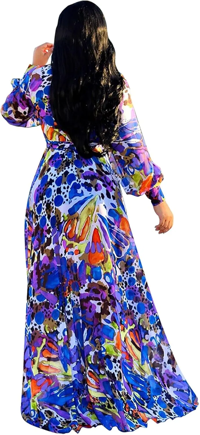 BOGURST Plus Size Maxi Dress for Women Chiffon Deep V-Neck Printed Loose Summer Beach Dresses