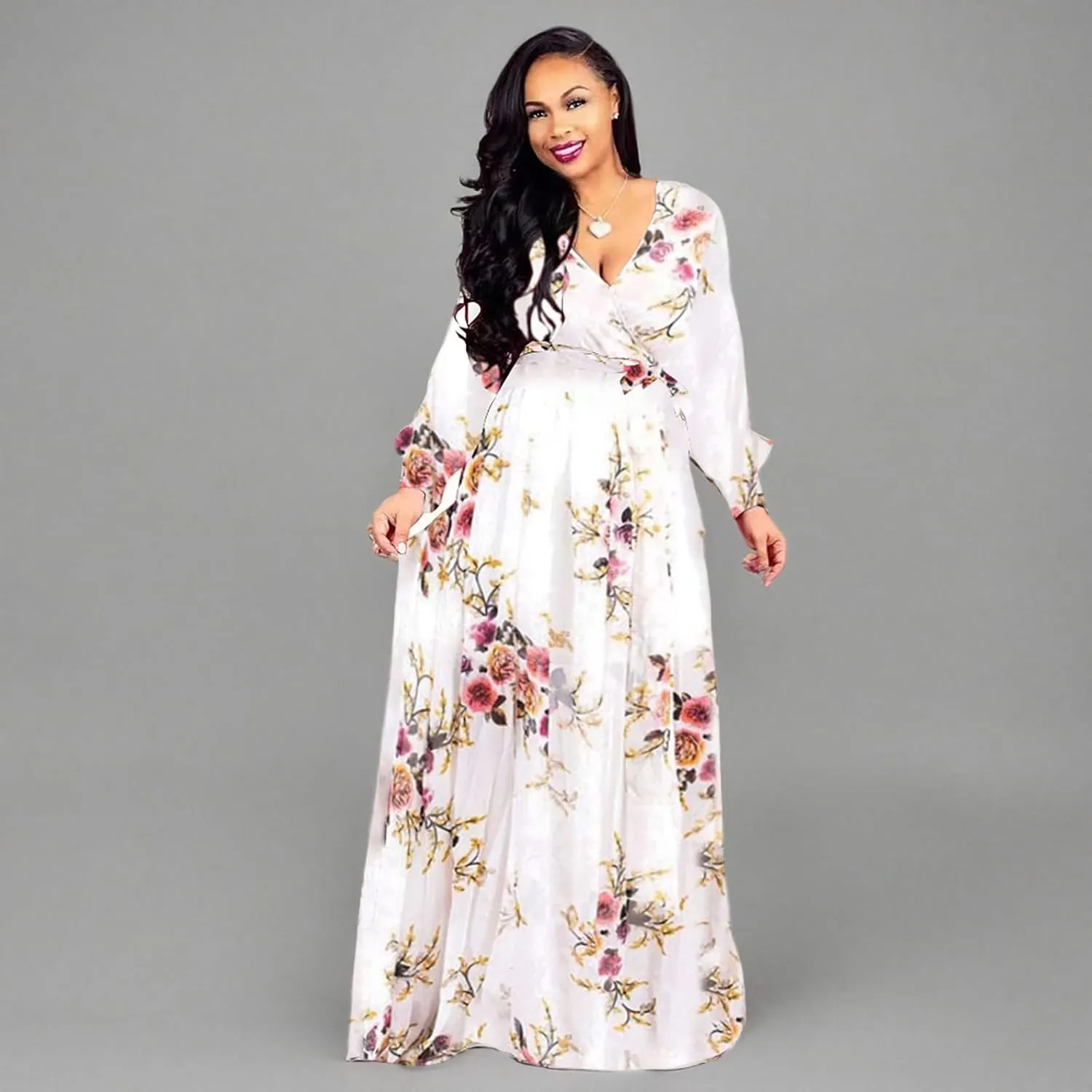 BOGURST Plus Size Maxi Dress for Women Chiffon Deep V-Neck Printed Loose Summer Beach Dresses