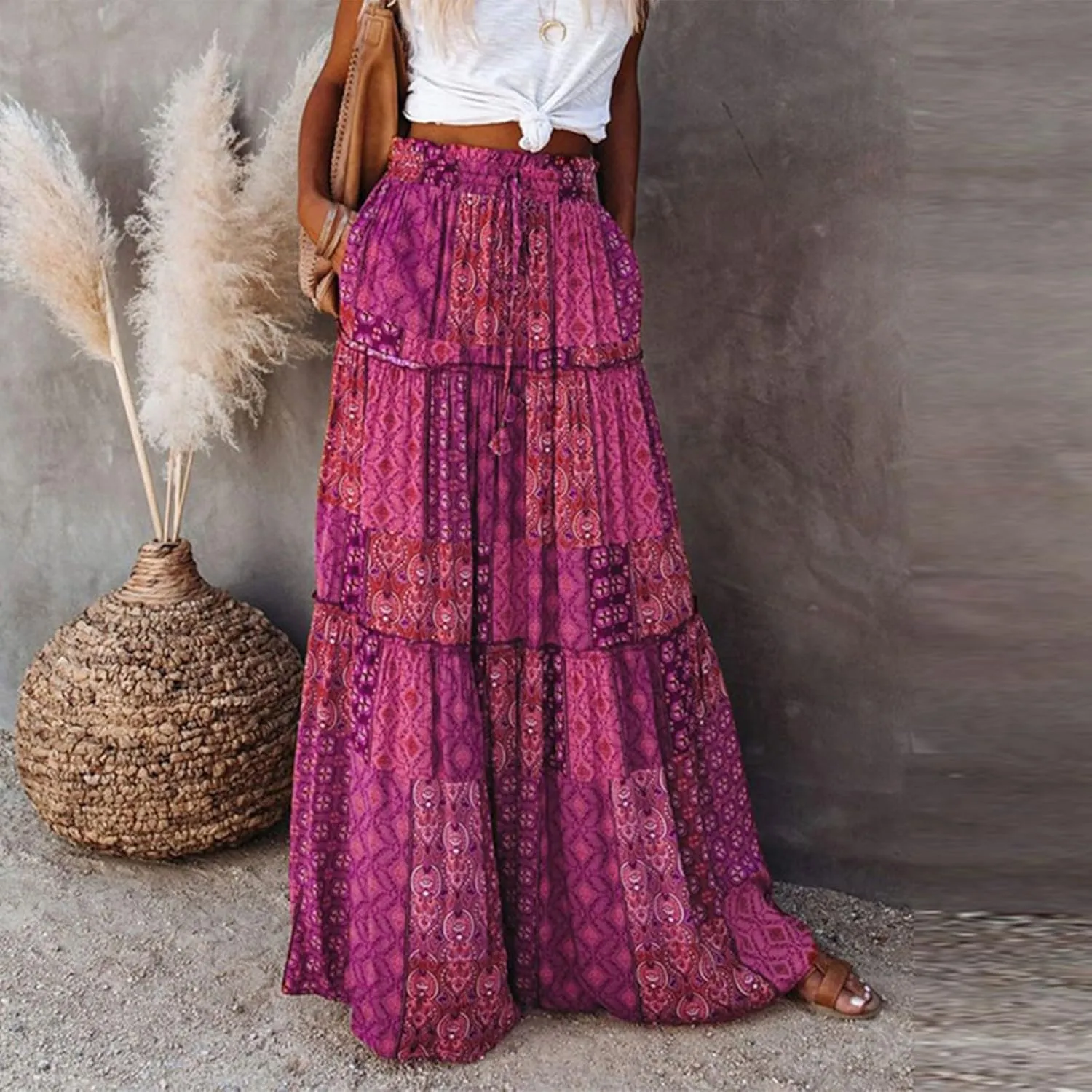 Boho Maxi Skirts for Women 2025 Drawstring High Waisted Tiered Long Flowy Skirt Casual Beach Bohemian A-Line Skirt