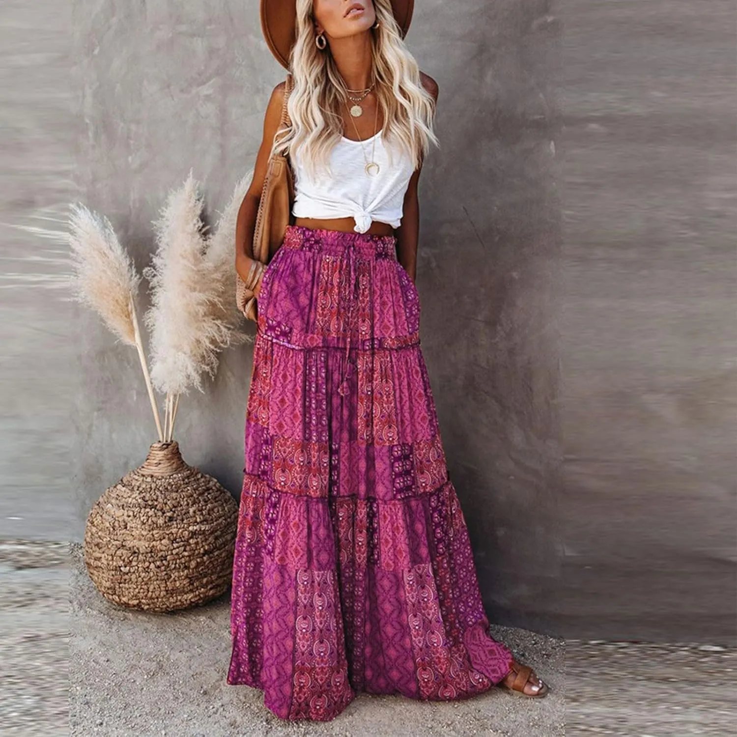 Boho Maxi Skirts for Women 2025 Drawstring High Waisted Tiered Long Flowy Skirt Casual Beach Bohemian A-Line Skirt