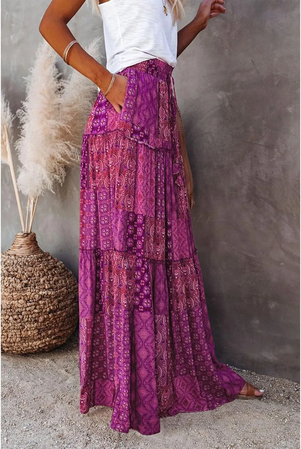 Boho Maxi Skirts for Women 2025 Drawstring High Waisted Tiered Long Flowy Skirt Casual Beach Bohemian A-Line Skirt