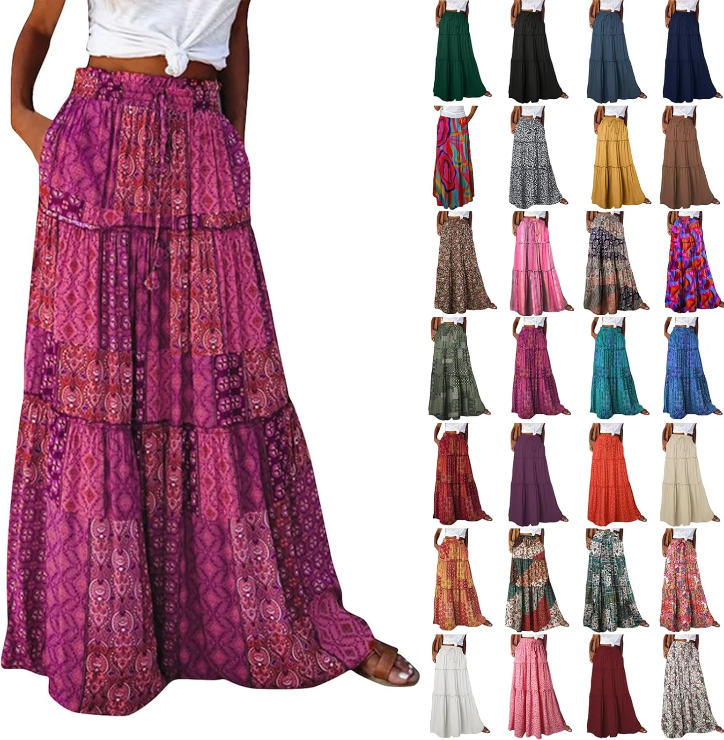 Boho Maxi Skirts for Women 2025 Drawstring High Waisted Tiered Long Flowy Skirt Casual Beach Bohemian A-Line Skirt