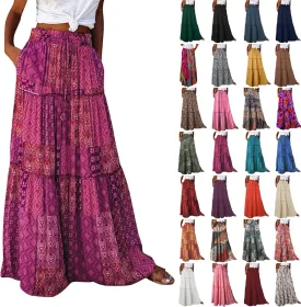 Boho Maxi Skirts for Women 2025 Drawstring High Waisted Tiered Long Flowy Skirt Casual Beach Bohemian A-Line Skirt