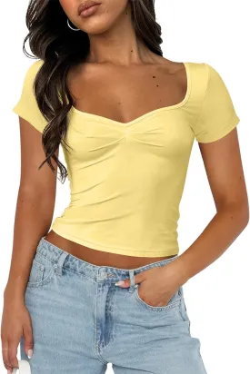 Cioatin Women Cute Sweetheart Neck Short Sleeve Crop Tops Ruched Summer Going Out T Shirt Y2K Clothes Tee Teens