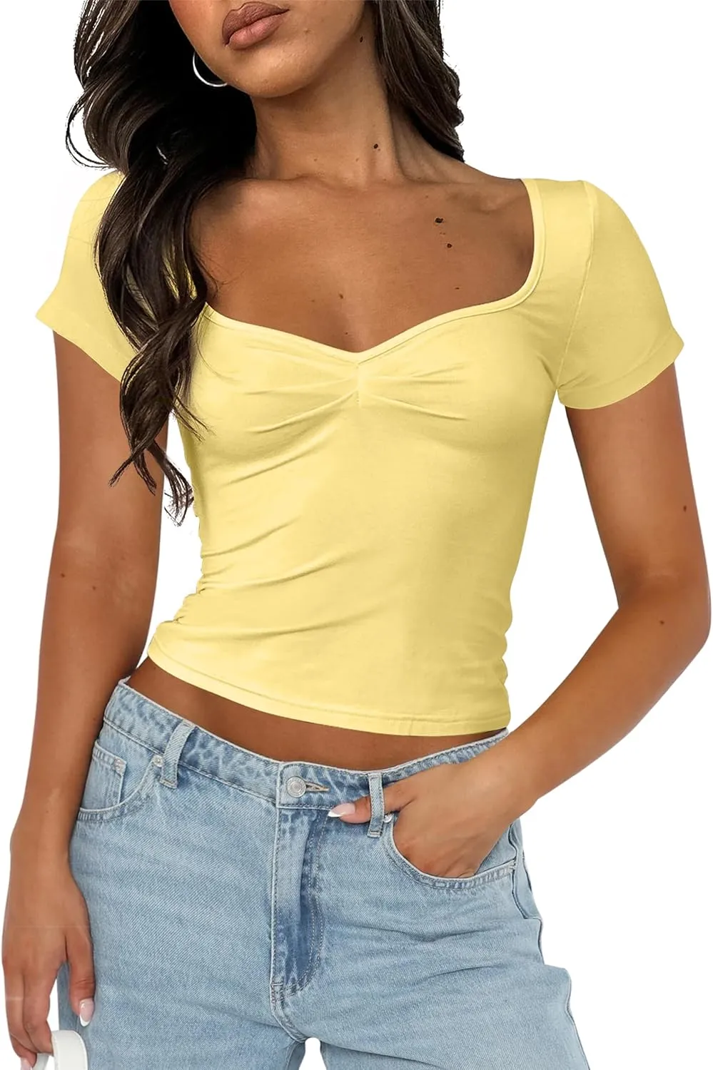 Cioatin Women Cute Sweetheart Neck Short Sleeve Crop Tops Ruched Summer Going Out T Shirt Y2K Clothes Tee Teens