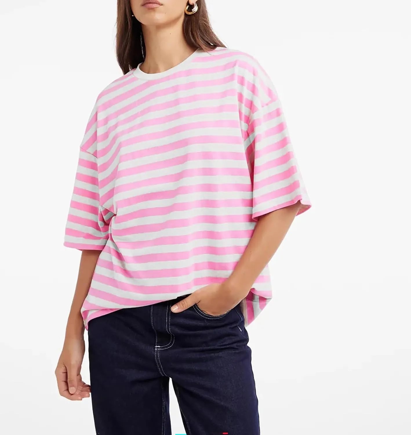 Cioatin Women Oversized Striped Colorblock Tee Shirt Tops Crew Neck Short Sleeve Y2K Aesthetic Tshirt Casual Preppy