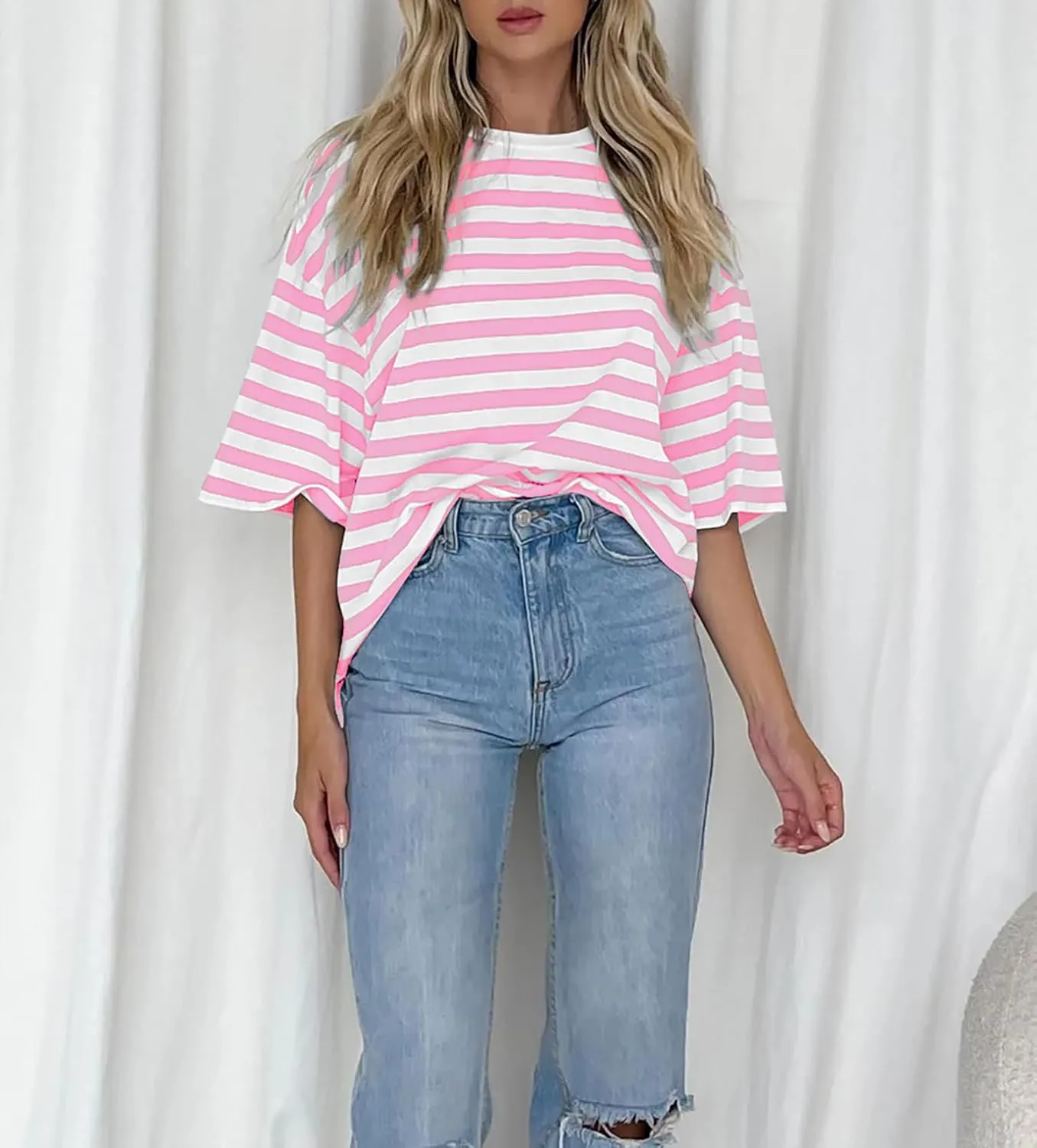 Cioatin Women Oversized Striped Colorblock Tee Shirt Tops Crew Neck Short Sleeve Y2K Aesthetic Tshirt Casual Preppy