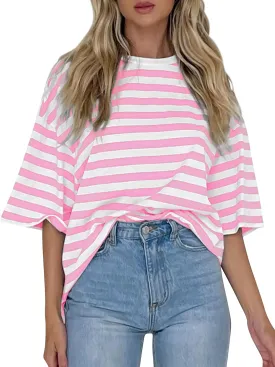Cioatin Women Oversized Striped Colorblock Tee Shirt Tops Crew Neck Short Sleeve Y2K Aesthetic Tshirt Casual Preppy