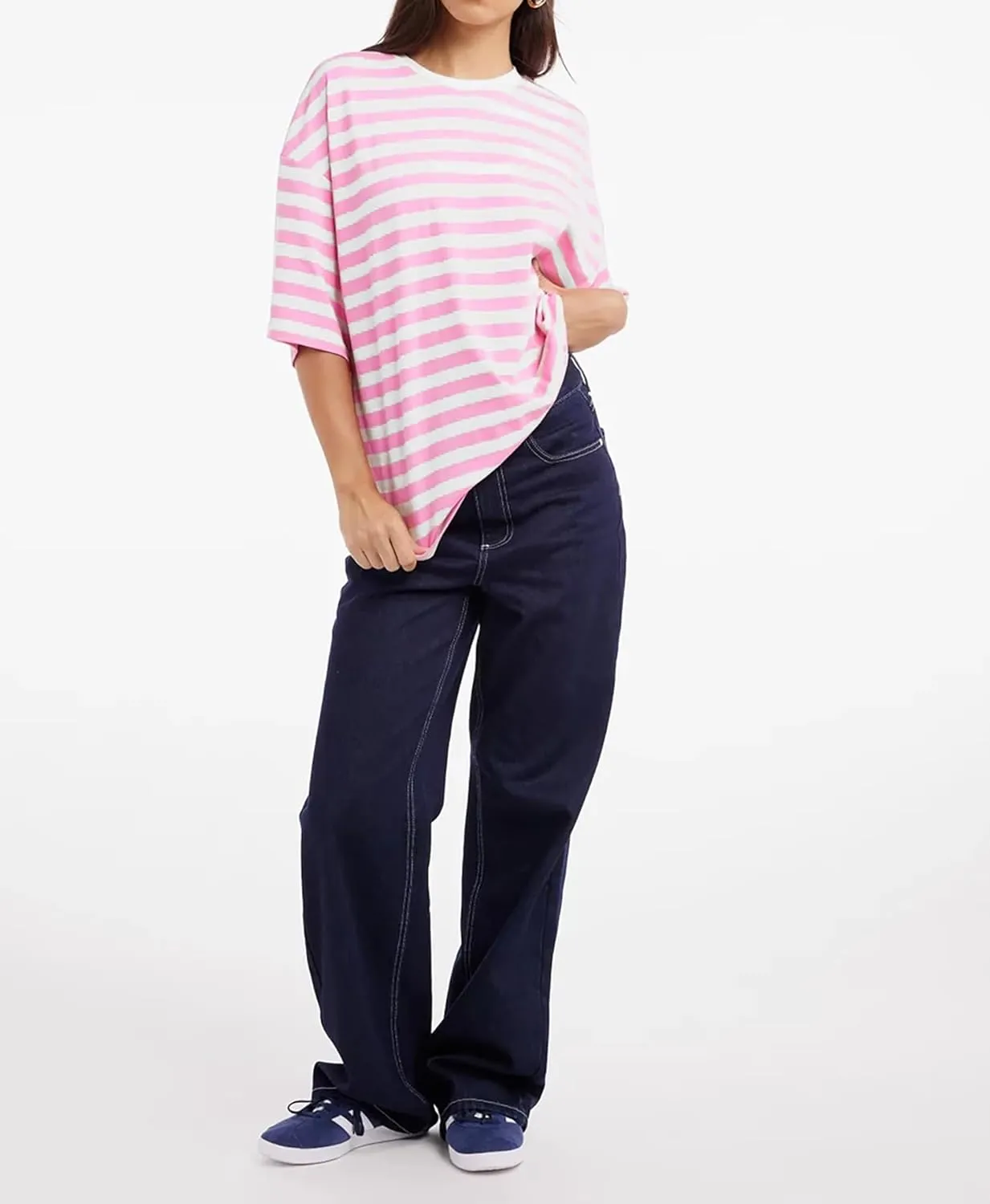 Cioatin Women Oversized Striped Colorblock Tee Shirt Tops Crew Neck Short Sleeve Y2K Aesthetic Tshirt Casual Preppy