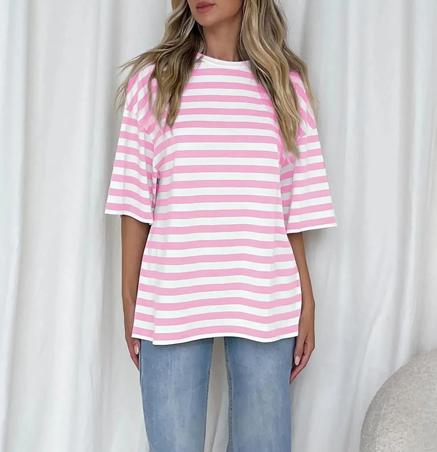 Cioatin Women Oversized Striped Colorblock Tee Shirt Tops Crew Neck Short Sleeve Y2K Aesthetic Tshirt Casual Preppy
