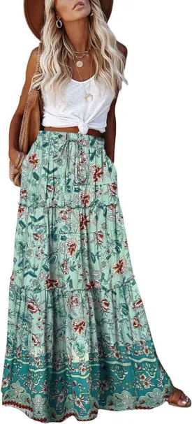 EARKOHA Womens Casual High Waist Tie Paisley Print Long Maxi Skirt with Pockets