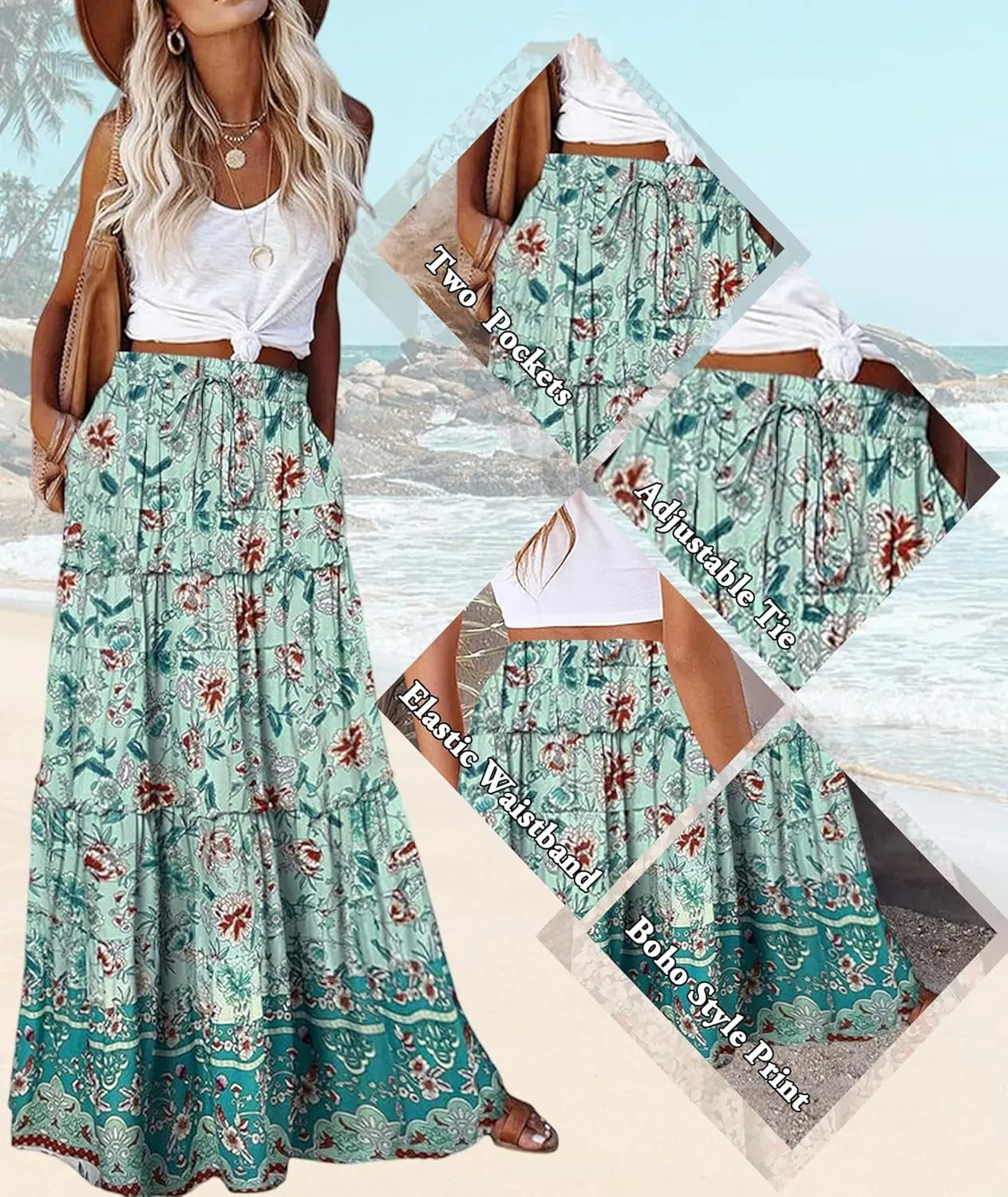 EARKOHA Womens Casual High Waist Tie Paisley Print Long Maxi Skirt with Pockets