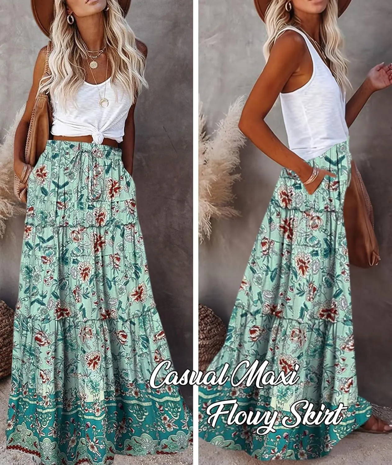 EARKOHA Womens Casual High Waist Tie Paisley Print Long Maxi Skirt with Pockets