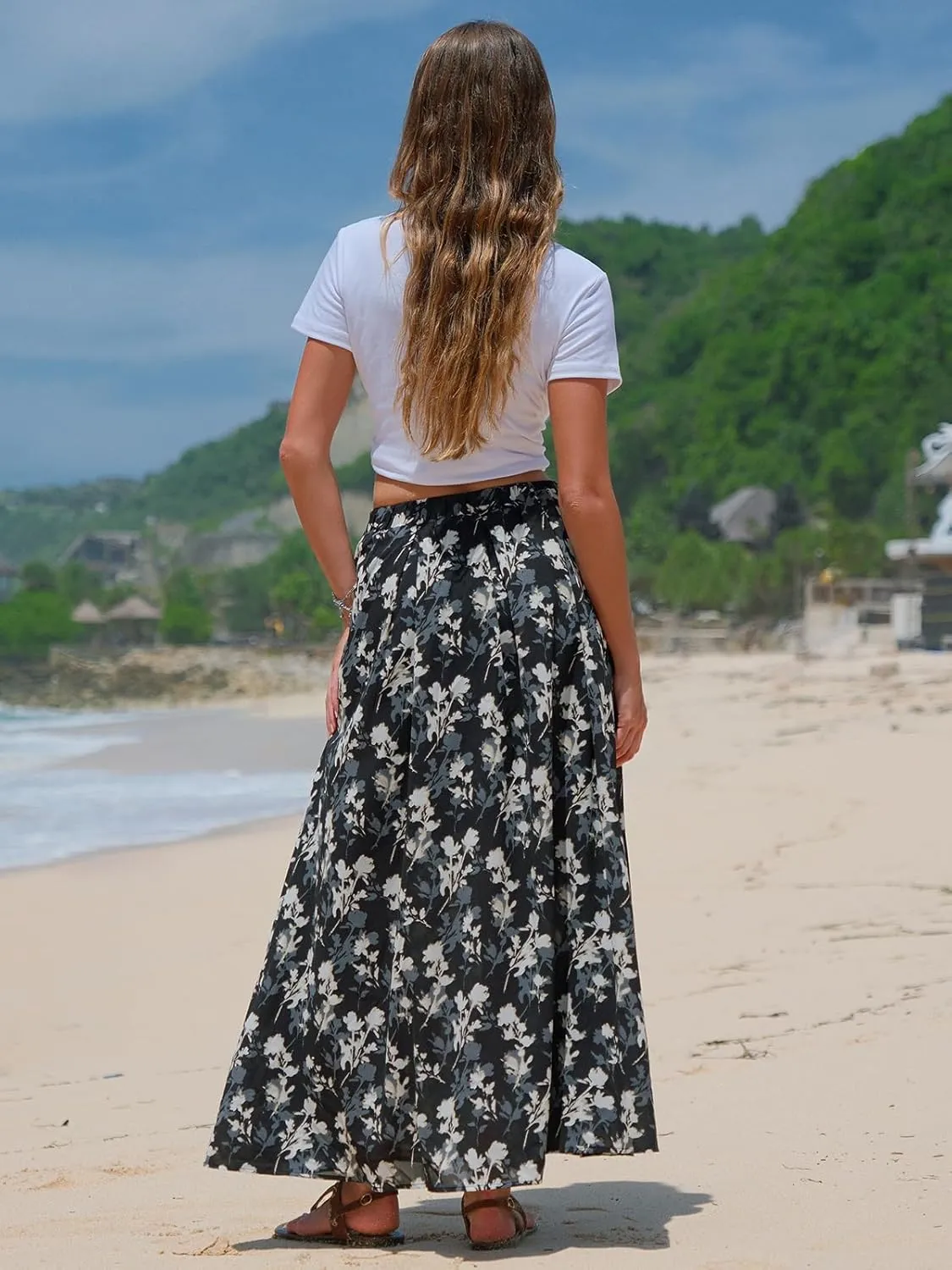 EXLURA Womens Elastic High Waist Flared Maxi Skirts Floral Swing Midi Skirt Casual Summer Long Skirt Beach Vacation Resort