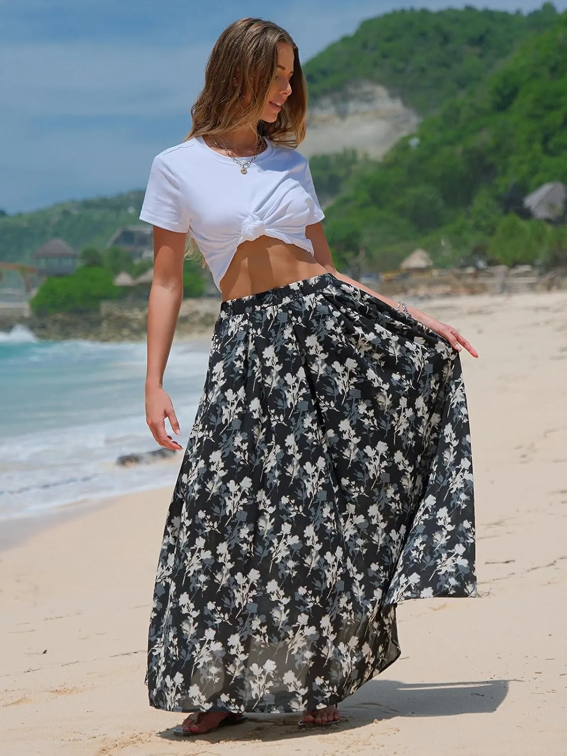 EXLURA Womens Elastic High Waist Flared Maxi Skirts Floral Swing Midi Skirt Casual Summer Long Skirt Beach Vacation Resort