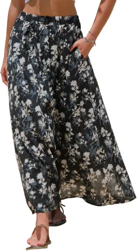 EXLURA Womens Elastic High Waist Flared Maxi Skirts Floral Swing Midi Skirt Casual Summer Long Skirt Beach Vacation Resort