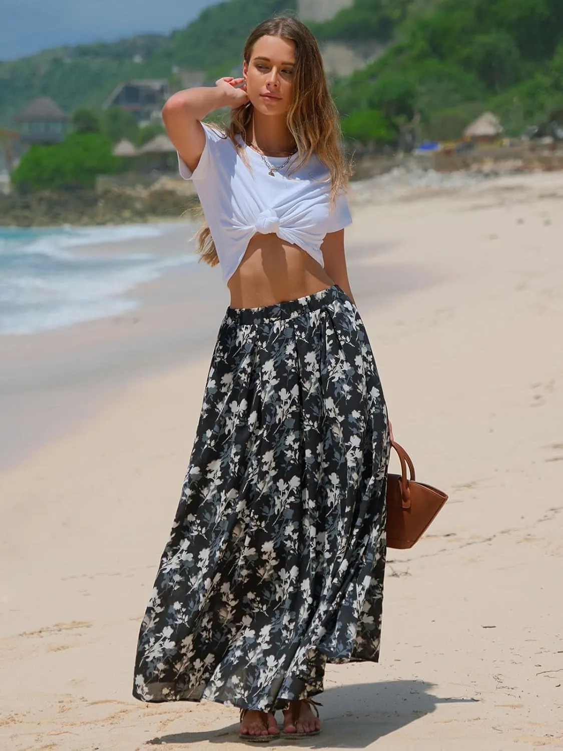 EXLURA Womens Elastic High Waist Flared Maxi Skirts Floral Swing Midi Skirt Casual Summer Long Skirt Beach Vacation Resort