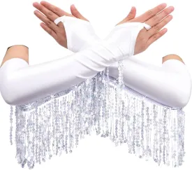 Fringe Sequin Long Gloves Tassel Fingerless 1920s Gloves for Women(black)