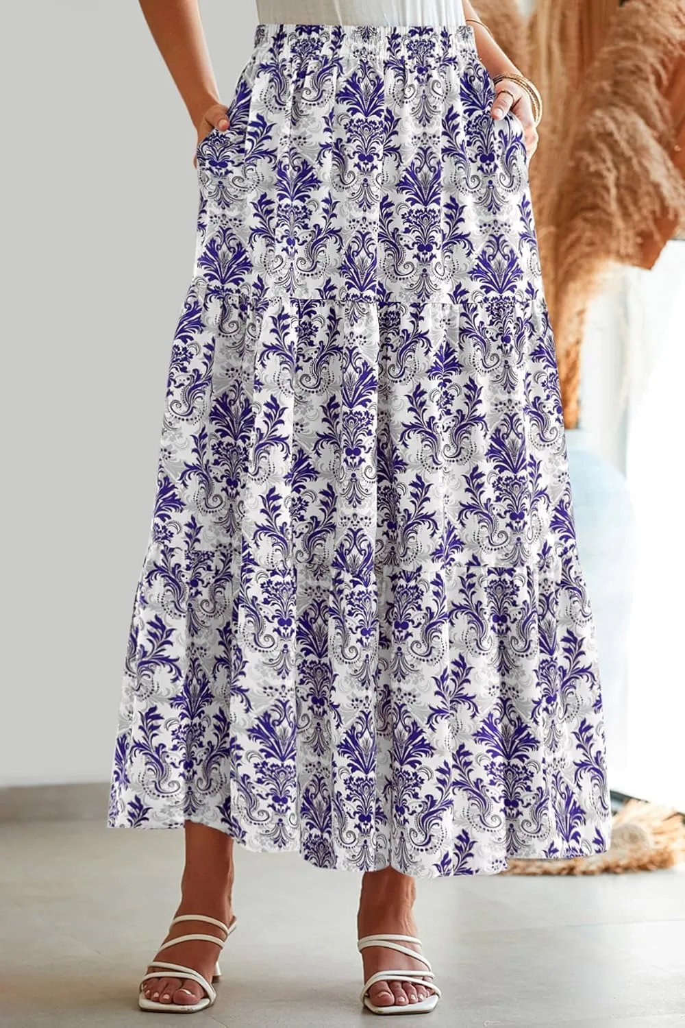 Happy Sailed Skirts for Women Spring Summer Boho Floral Print High Waist Flowy Split A Line Maxi Skirt with Pockets